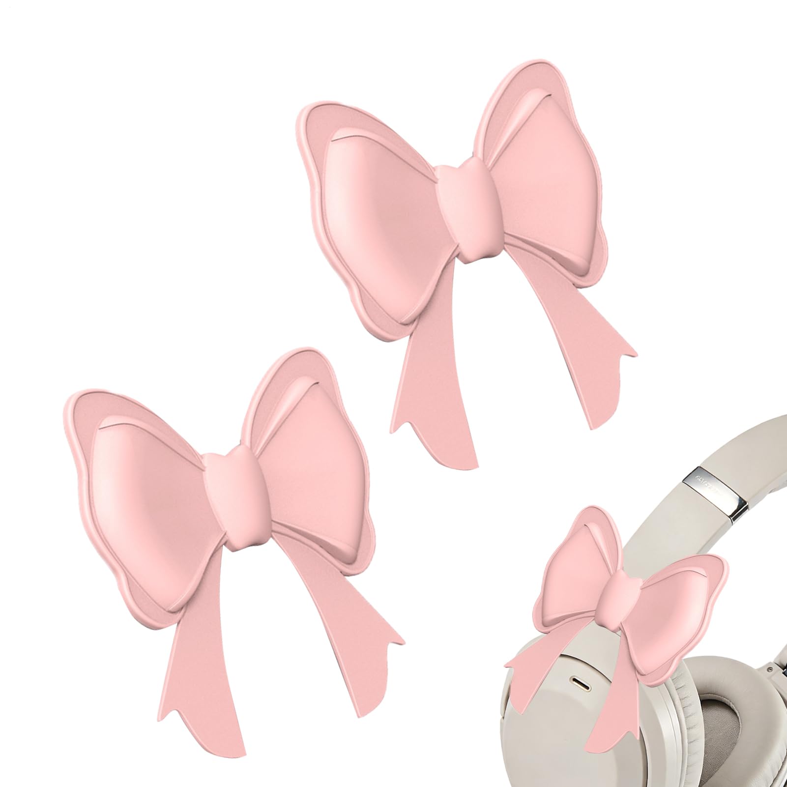 Silicone Headphone Decoration - 2 Pieces 3D Clamp-On Bow Headphone Decoration - Adjustable Silicone Bow Earphone Accessories, Elastic Clip Not Easy to Slip, for Women Girls Teens College Students