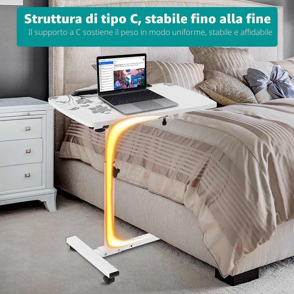 Wakects Tavolo Portatile per Computer Regolabile in Altezza con Rotelle, Tavolino da Letto e Divano con 4 Ruote, Bianco