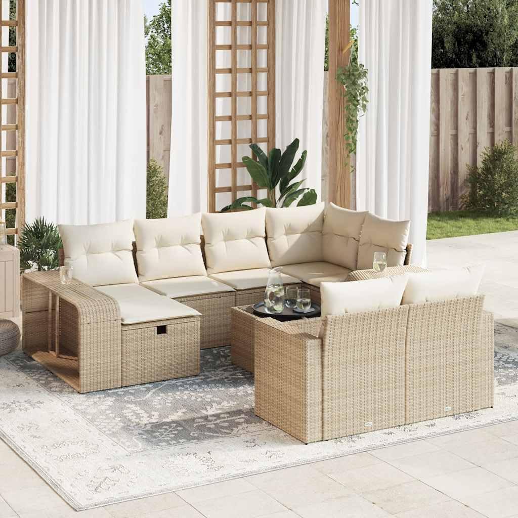 Juego de sofá modular de ratán sintético para jardín con espacio de almacenamiento y fundas de almohada extraíbles, 11 piezas, color beige