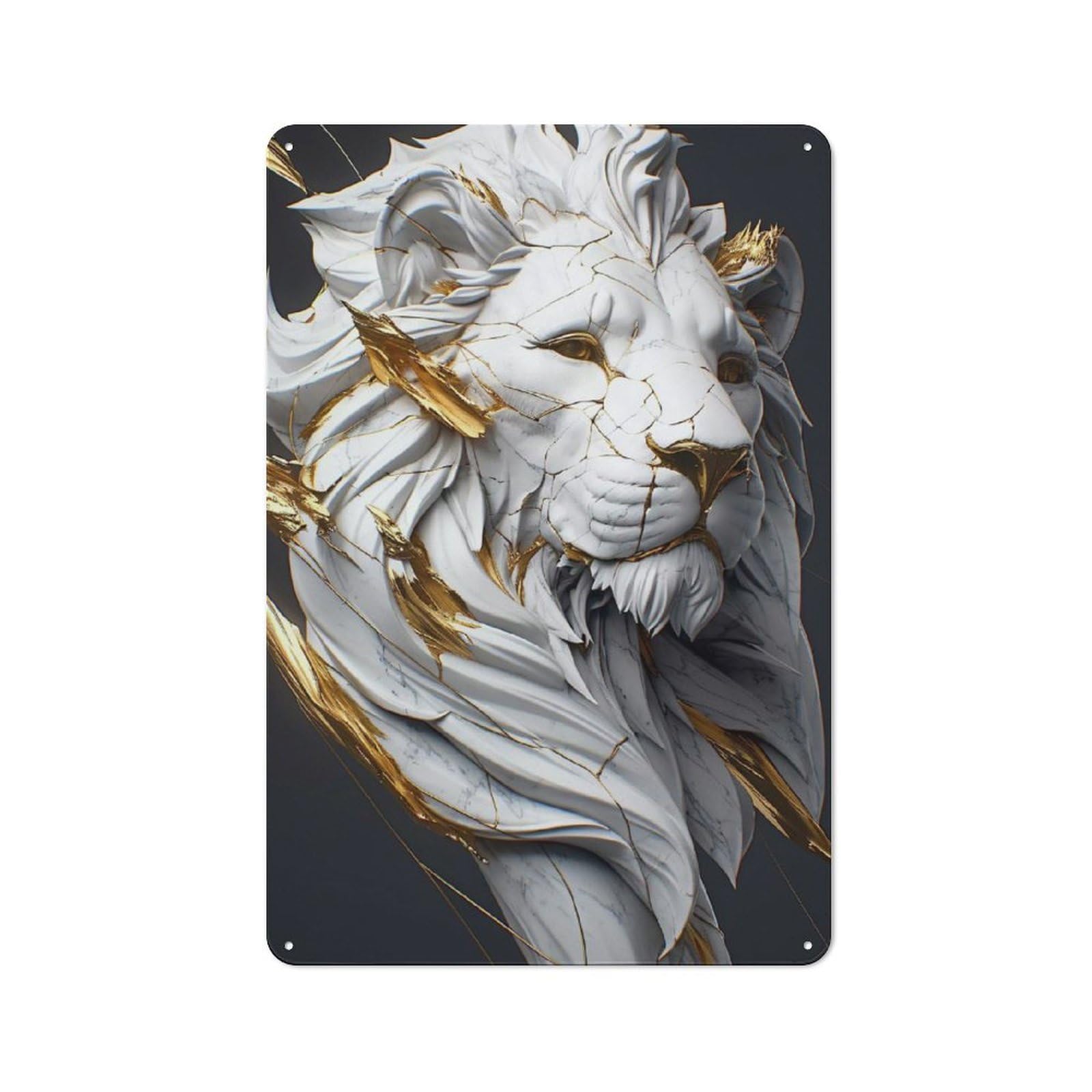 Junmoney Style-17 Cracked Marble Lion With Gold Accents Rustic Metal Wall Sign 30X20cm For Workshop Wall, Suited To Makers And Diy Enthusiasts