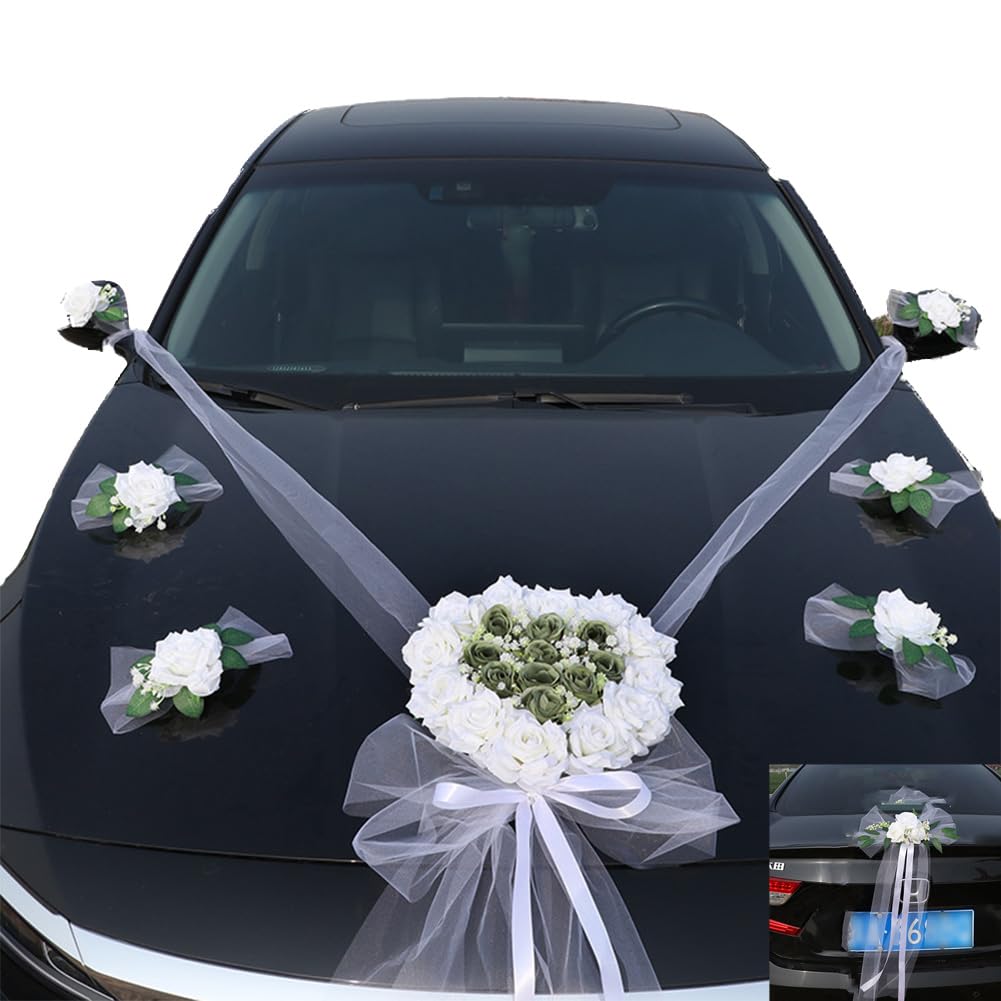 Hochzeits-Autodekoration mit die Motorhaube und den Rückspiegel & Blume am Heck, Auto-Girlande, Seidenblumen-Verzierung für Hochzeitsautodekoration Feiern Partys und DIY-Dekorationen2#