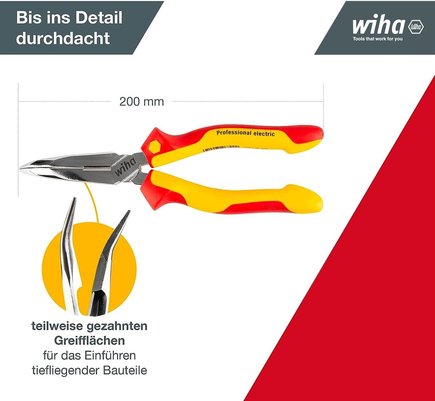 Wiha Flachrundzange Professional electric mit Schneide I ca. 40° gebogene Form I VDE geprüft I Radiozange I 200 mm Elektrikerzange (27425)