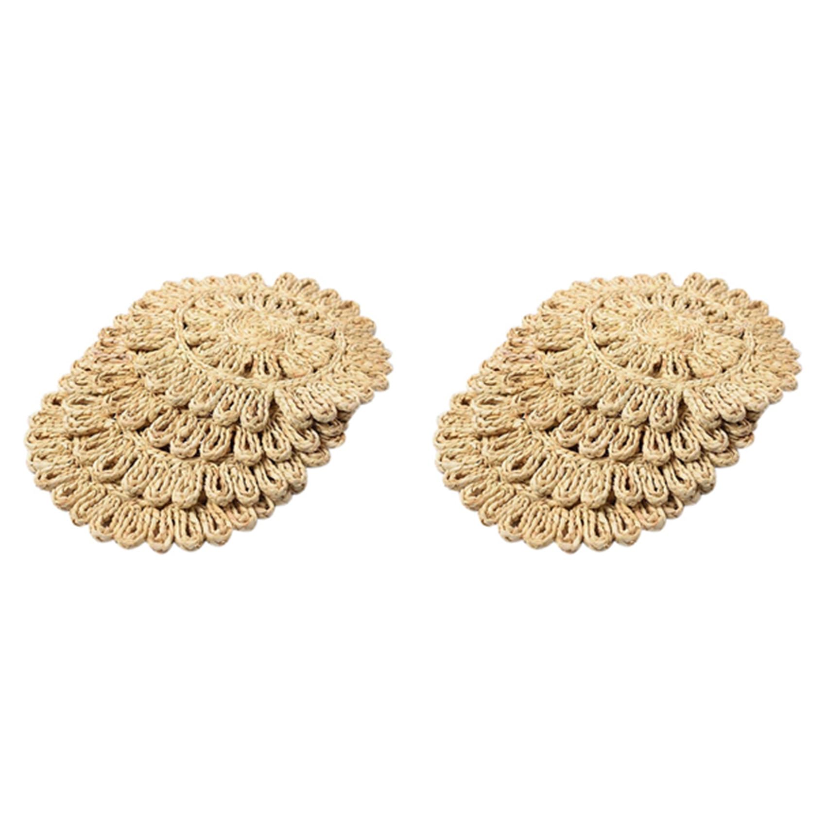 Idhadkc 2X Round Woven Placemat for Dining Table,Natural Braided Rattan Tablemat Hollow Wicker Plates for Holiday Kitchen Mat