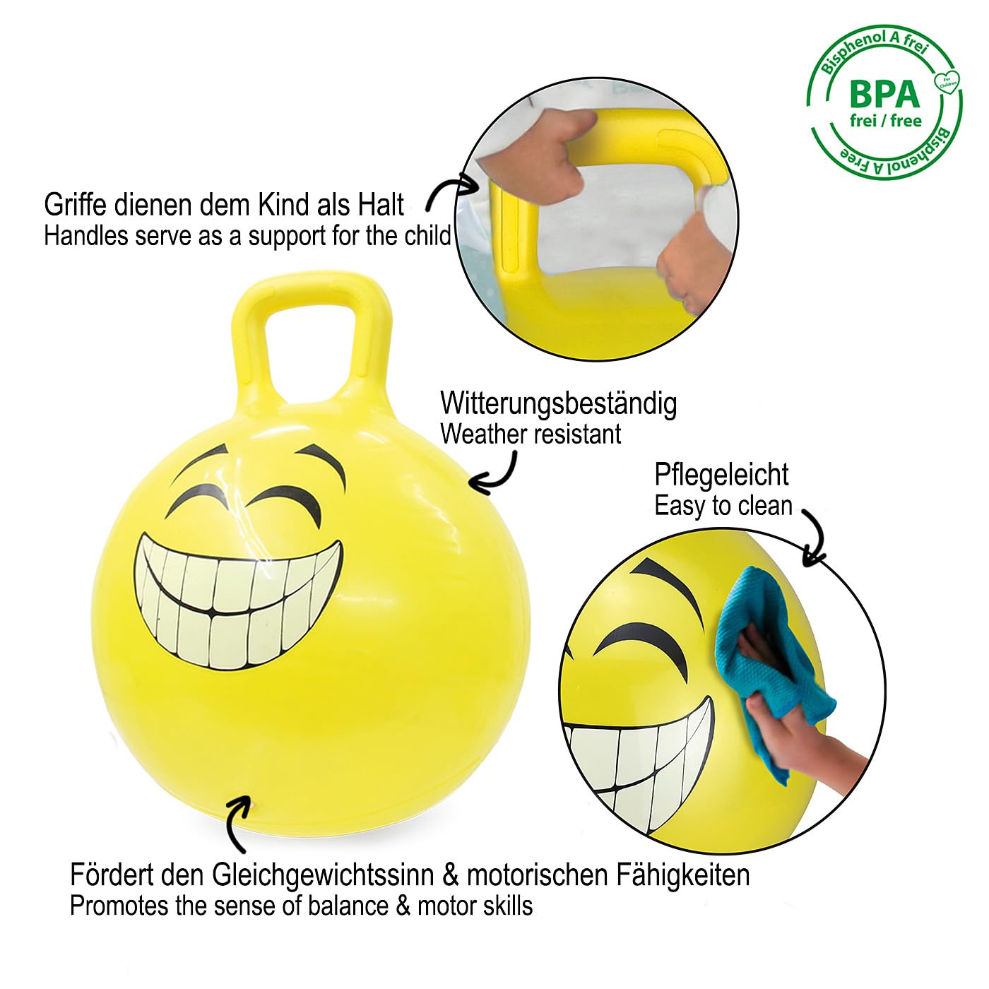Jamara 460457 - Bouncy Ball Smile Yellow 450 mm - Promotes Balance and Motor Skills, Robust, Easy-Care, Up To 50 kg - Image 4