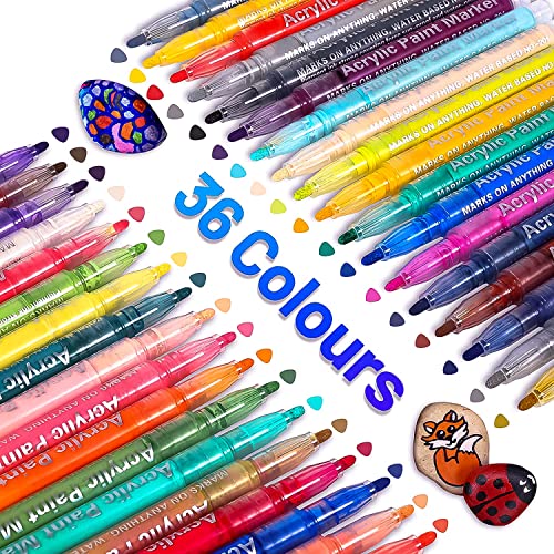 Steine Bemalen Stifte, Acrylstifte für Steine Wasserfest, 36 Farben Acrylstifte Marker Stifte, Dual Tip Permanente auf Wasserbasis Multimarker Wasserfest Stifte für Papier, Holz, Leinwand, Glasmalerei Cover