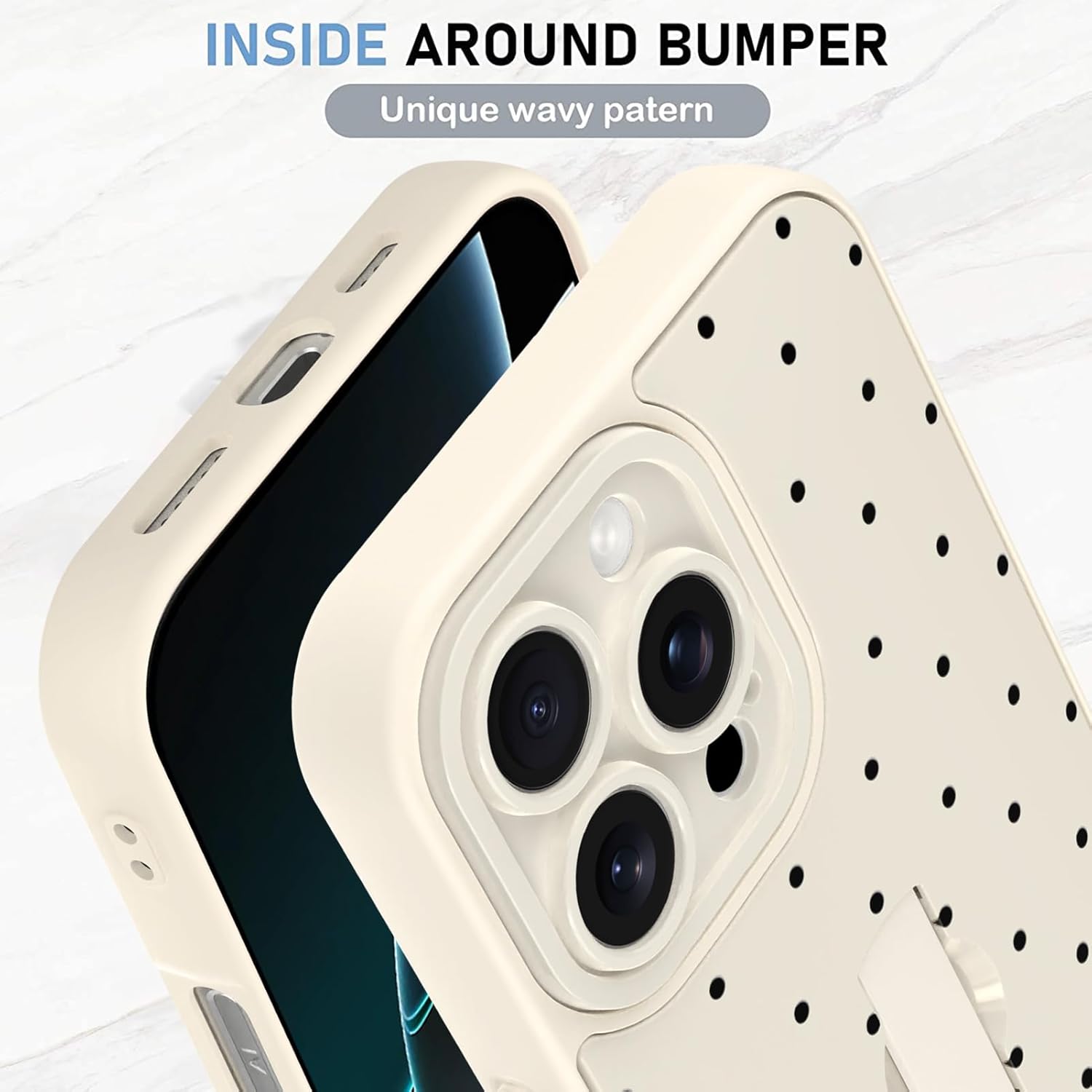 KANGHAR Compatible with iPhone 16 Pro Case, Silicone Spot Cute Pattern, Wristband Kickstand Camera Protection Soft Slim Cover for Girls Women -White - Image 4