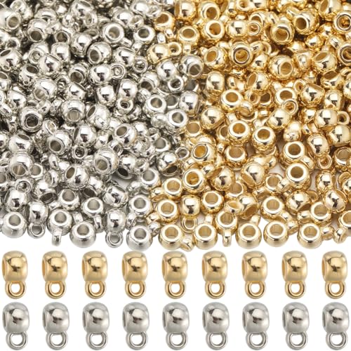 SUNNYCLUE 1 Box 400Pcs Bail Beads Charms Bails Beads Silver Gold Plastic Tube with Loop Rondelle Spacer Connector Links for Jewellery Making Accessories DIY Bracelet Necklace