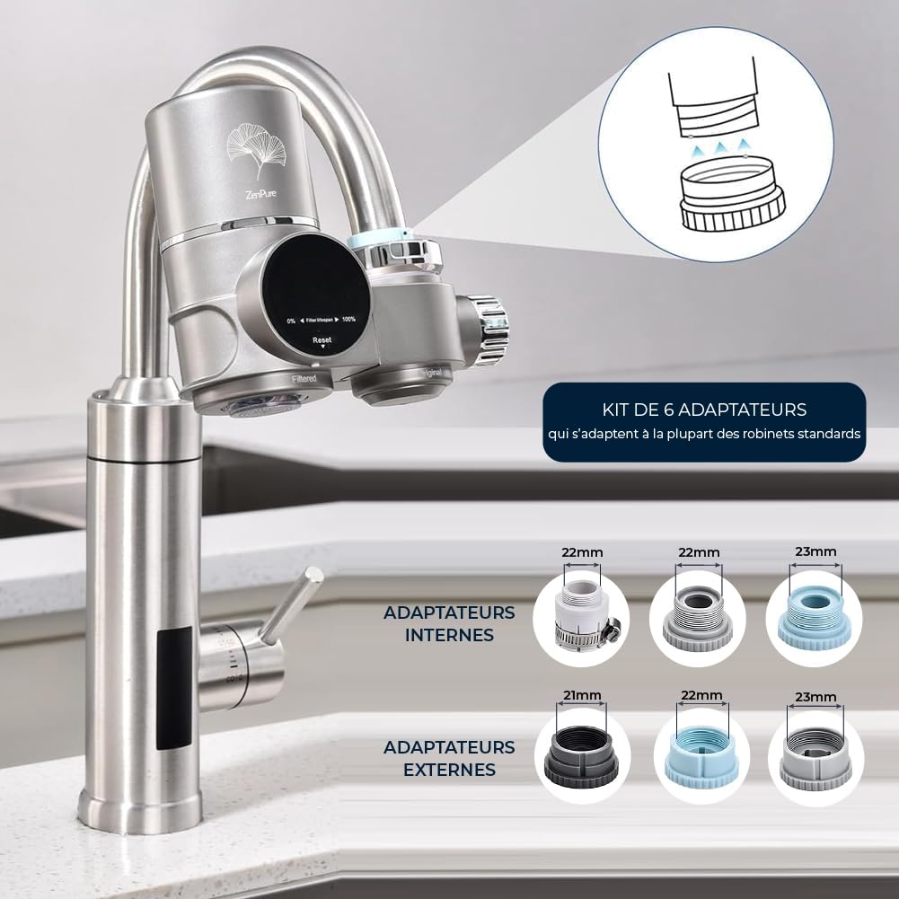 Zen Pure – Filtre Eau Robinet LED | Purificateur d’Eau Potable | Anti-Calcaire | Charbon Actif | 6 Étapes | Installation 30s | Cartouche Remplaçable – UniversZen