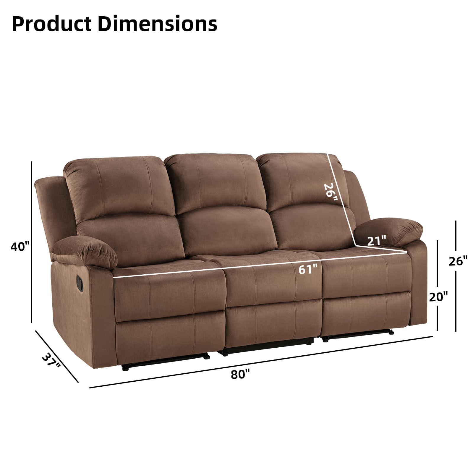 EBELLO 3 Seat Recliner Sofa for Living Room, Soft Microfiber Reclining Couch with Overstuffed Arms and Backrest for Home and Office, Brown view 2