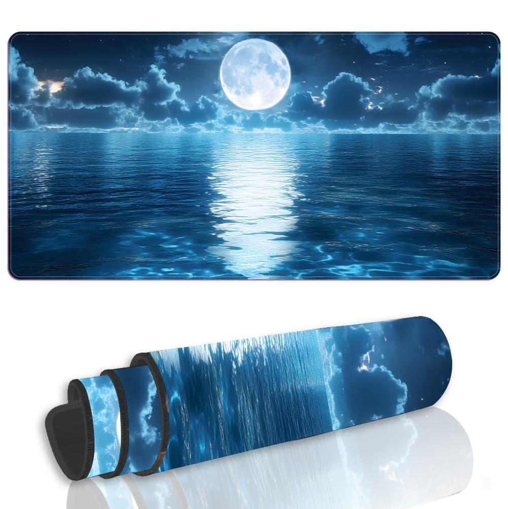 WEBEEDY Large Gaming Mouse Pad Keyboard Mat Ocean Design Non-Slip Rubber Base Extended Mousepad 80x40cm for PC Computer Laptop Work Home Office Decor (Moonlight on the Sea)
