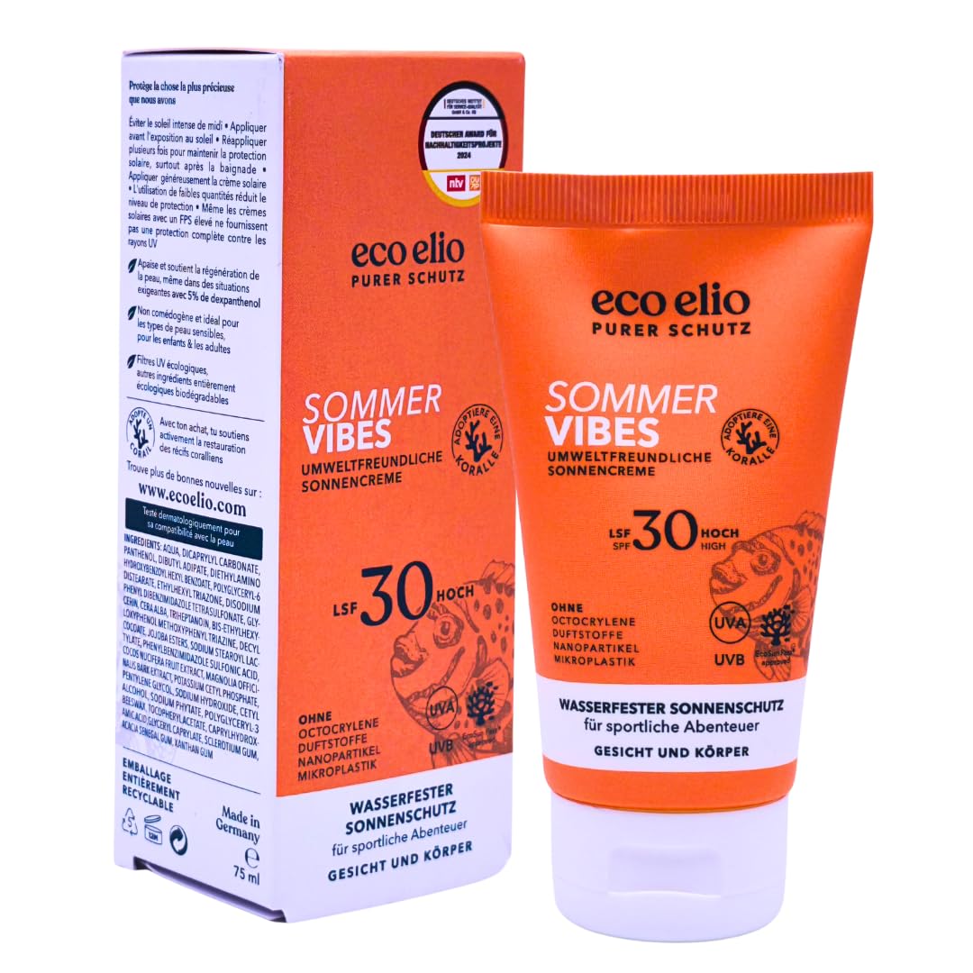 eco elio Sommer Vibes LSF 50, 3x 75 ml I Wasserfeste Sonnencreme mit 5 % Dexpanthenol I Für Sport, Schwimmen & Outdoor I Nicht fettend, ohne Duftstoffe I Spar-Set plus Pharma Perle give-away