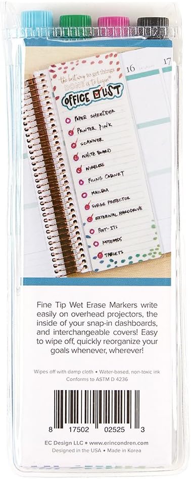 Erin Condren Fine Tip Wet Erase Markers Set of 4 - Black, Magenta, Kelly Green, Turquoise. Small Skinny Markers for Whiteboards and Overhead Transparent Projectors. : Office Products