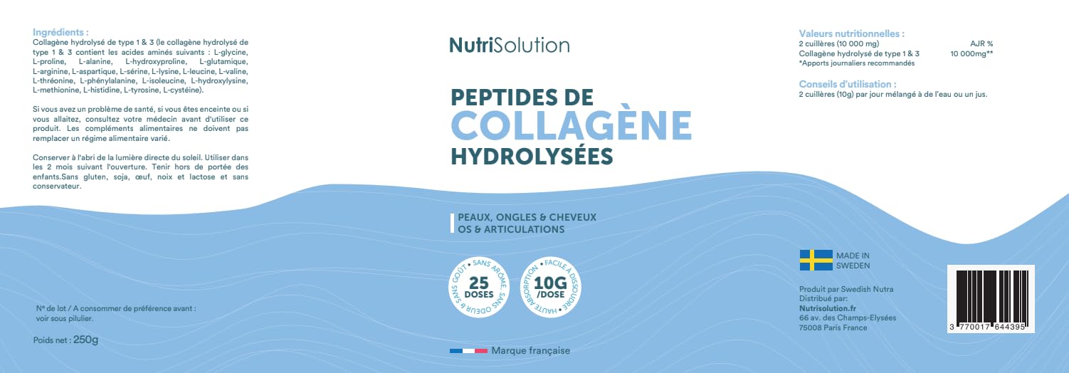 NutriSolution Peptides de Collagène Hydrolysé - Collagène Bovin Type I & III Nourri à l'Herbe pour Peau, Cheveux, Ongles, Articulations & Os - Sans Saveur, Sans Sucre, 25 Doses - Fabriqué en Suède (3)