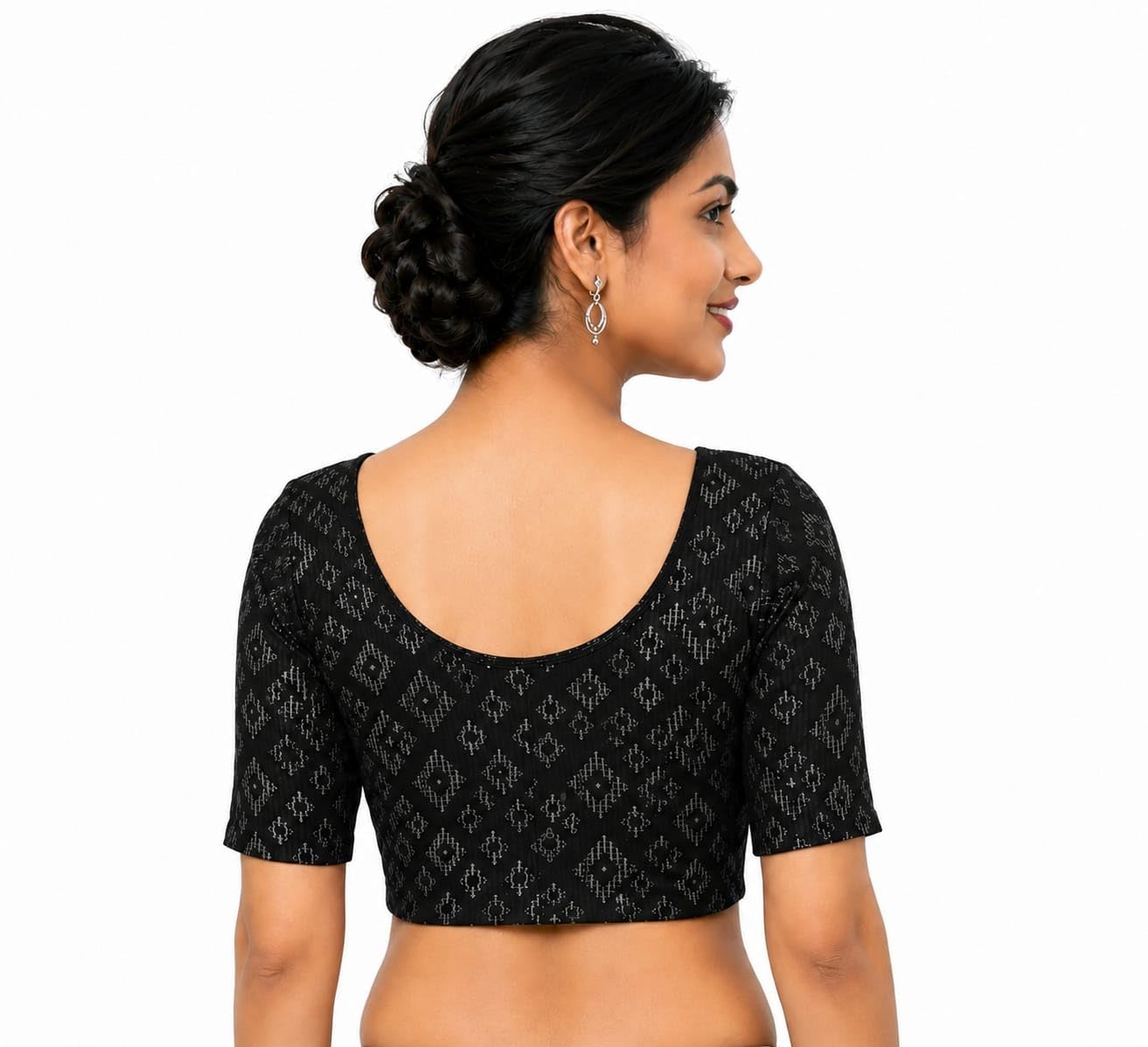 Women's Readymade Stretchable Designer Blouse, Black, Ikat Print, Round Neck, for Festive, Wedding Occasion wear-image-49