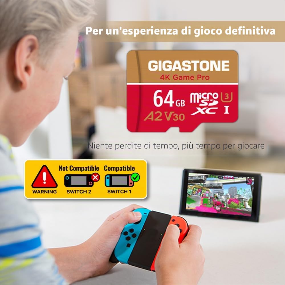 [Recupero dati gratuito per 5 anni] Scheda Micro SD Gigastone da 64 GB, 4K Game Pro, scheda di memoria MicroSDXC per Nintendo Switch, GoPro, telecamera di sicurezza, DJI, Drone, video UHD, R/W fino a