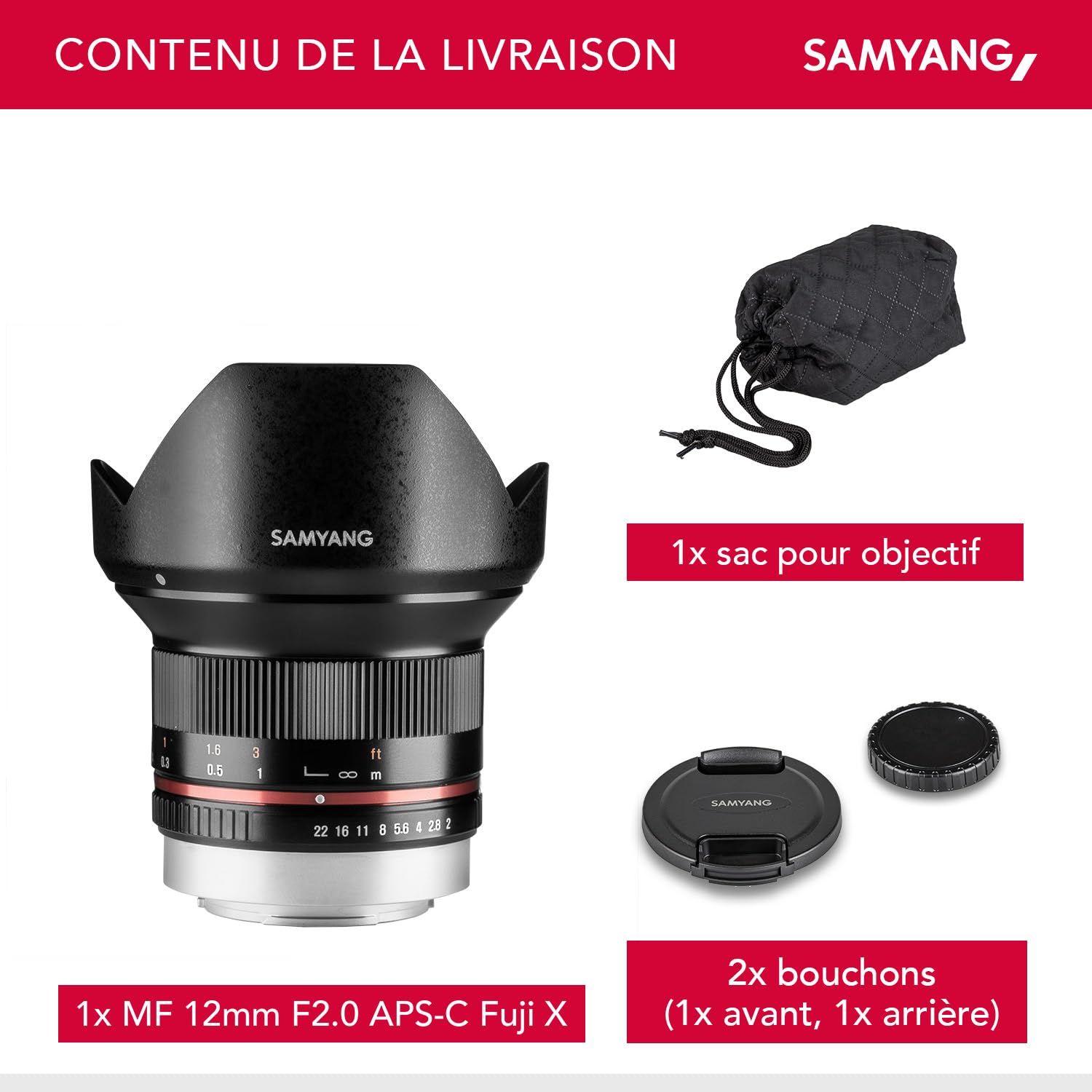 Samyang Objectif grand angle à focale fixe 12 mm F2.0 APS-C compatible avec Fuji X – APS-C, MF – pour appareils photo X-T5, X-H2, X-H2s, X-T4, X-T30, X-T30 II, X-T200, X-Pro3, X-A7, X-T100, X-T3
