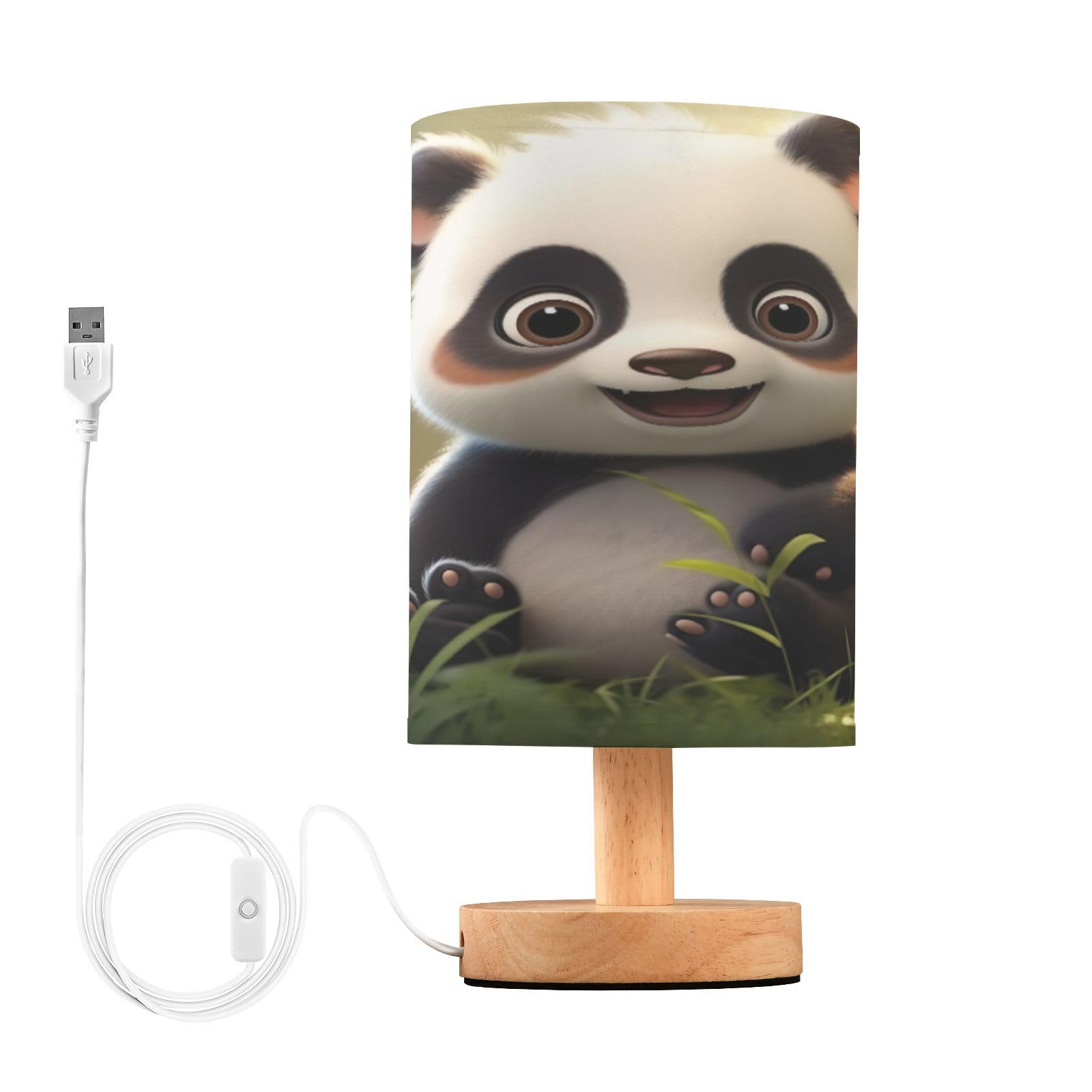 SDMKA Cute Cartoon Panda Bedside Table Lamp for Bedroom, Minimalist Nightstand Lamp with Round Fabric Shade for Living Room, Office, No Bulb Required