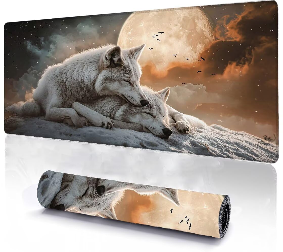 Alfombrilla Ratón XXL 600x1200x3 mm Mouse Pad Grande Gaming Lobo Alfombrilla Escritorio,con Base de Goma Tapete Escritorio con Bordes Cosidos, Impermeable Antideslizante Ordenador Desk Mat zj-757