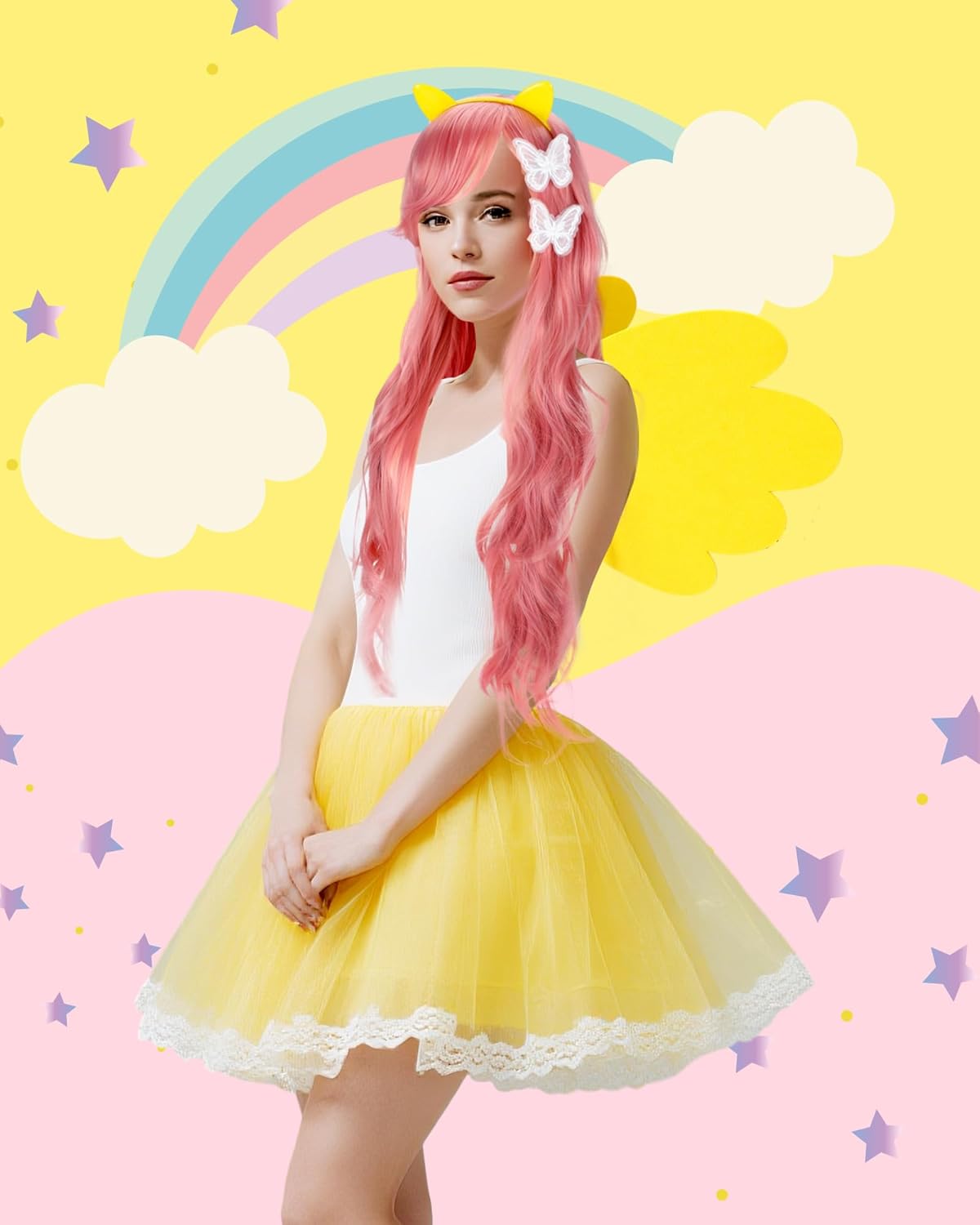 5 Pcs Halloween Foal Costume Set Include Pink Long Wig with Hairnet Yellow Felt Wings and Resin Hairband White Butterfly Hair Clips for Halloween Foal Cosplay Accessories - Image 2