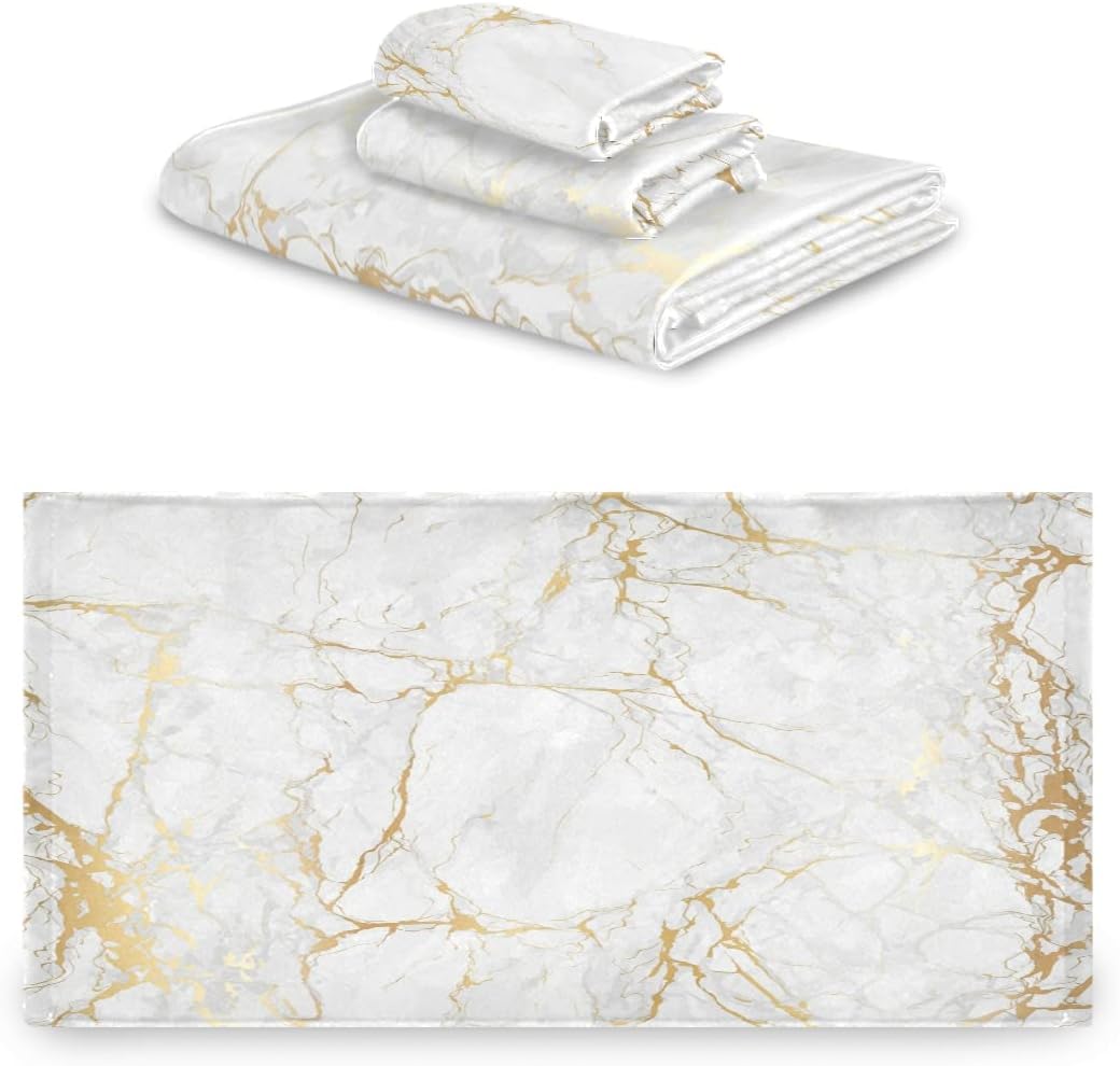 AUUXVA 3-Piece Towel Set, Texture Marble Geometric Pattern Bath Towel Sets Absorbent Soft Towels for Bathroom Quick Dry Cotton Bath Sheets (Contains 1 Bath Towel, 1 Hand Towel, 1 Washcloth)
