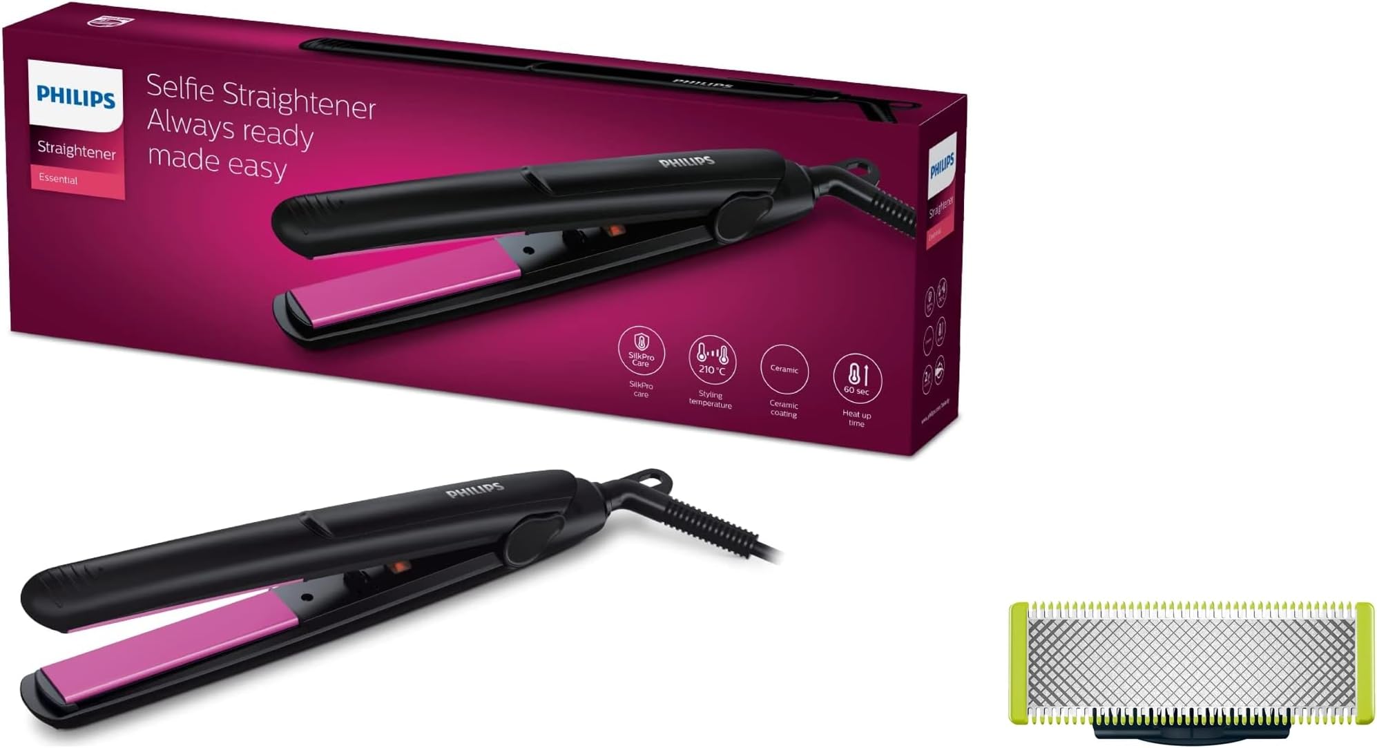 PHILIPS HP8302 Selfie Straightener, Black & Philips Oneblade Replaceable Blade Pack Including 1 Replaceable Blade, Qp210/51 (Lime)