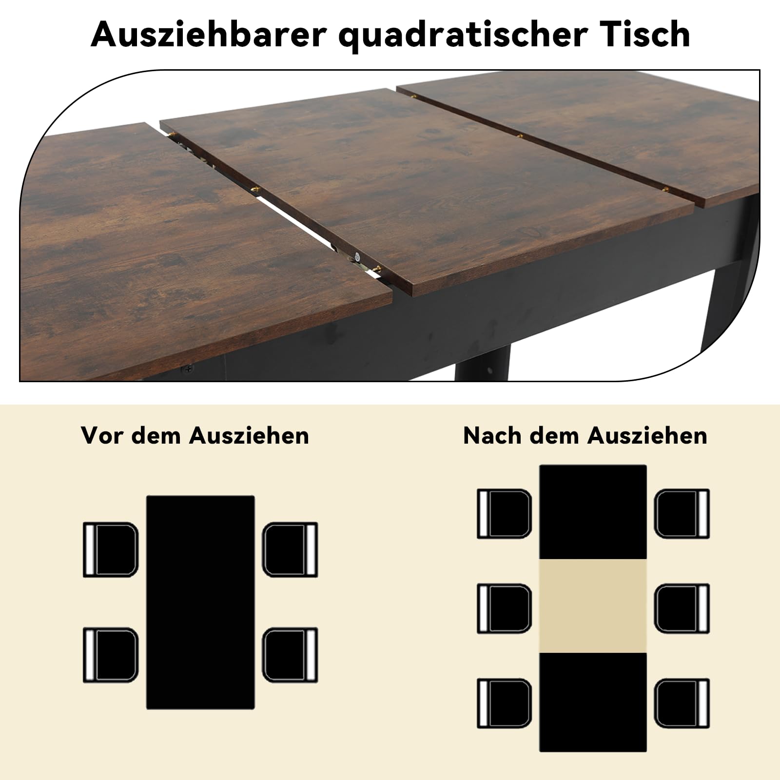 ARTETHYS Esstisch Ausziehbar 105/150x70 cm, Industrieller Küchentische Esszimmertisch, Rechteckiger Tischplatte für 4-6 Personen, Holztisch mit Metallbeinen, Tisch für Esszimmer, Küche, Wohnzimmer