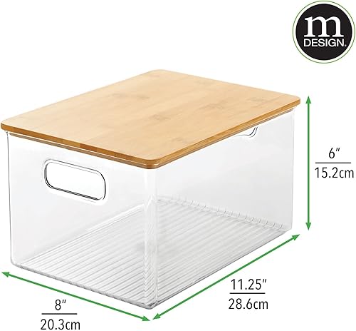 Miniatura 4 de mDesign Armario apilable de plástico para despensa, caja de almacenamiento de alimentos con asas integradas y tapa de bambú, organizador para