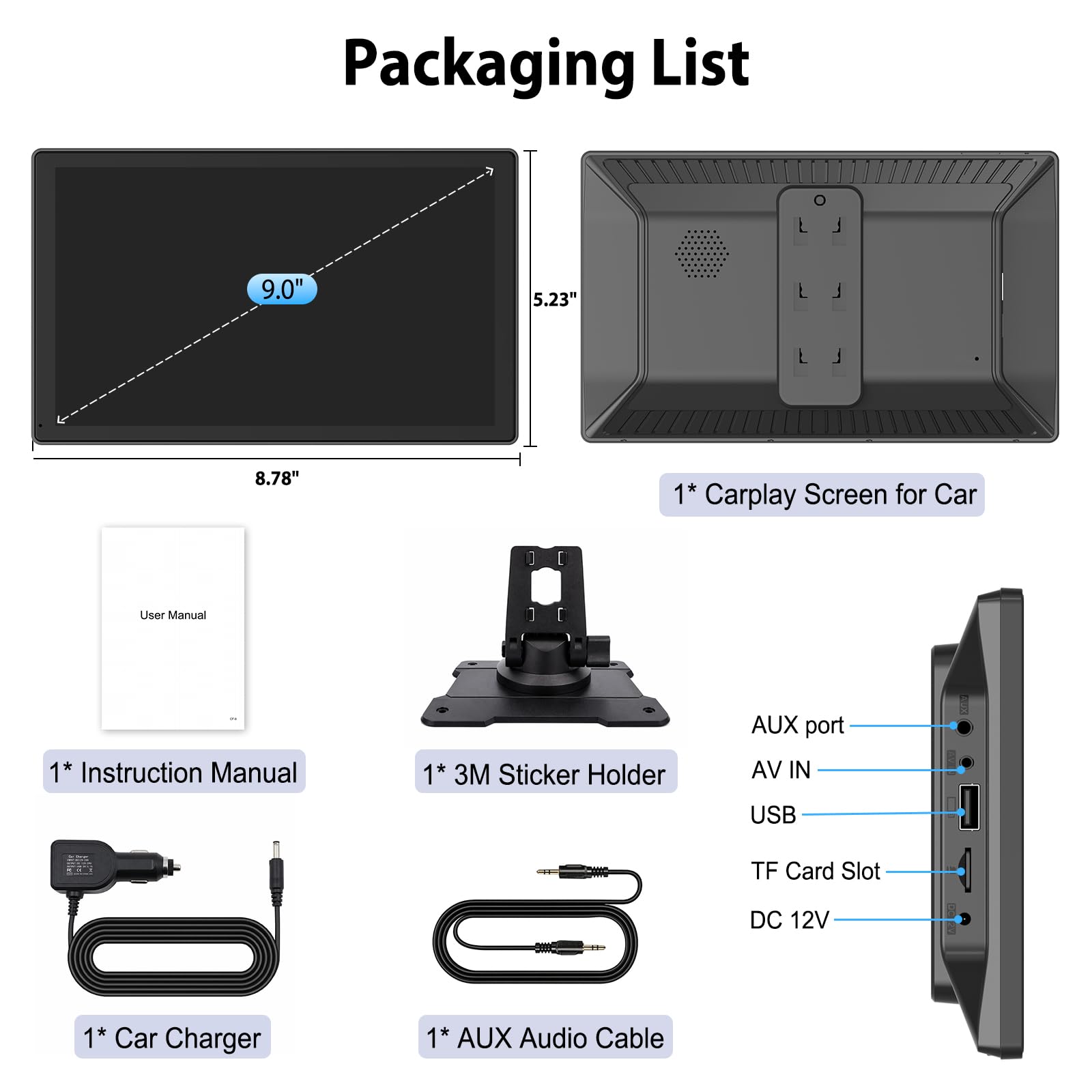 Schermo 9 Pollici Wireless CarPlay Portatile con Bluetooth FM AUX, Touchscreen per Apple Android Auto, Controllo Vocale Navigazione GPS Mirror Link per Tutti i Veicoli