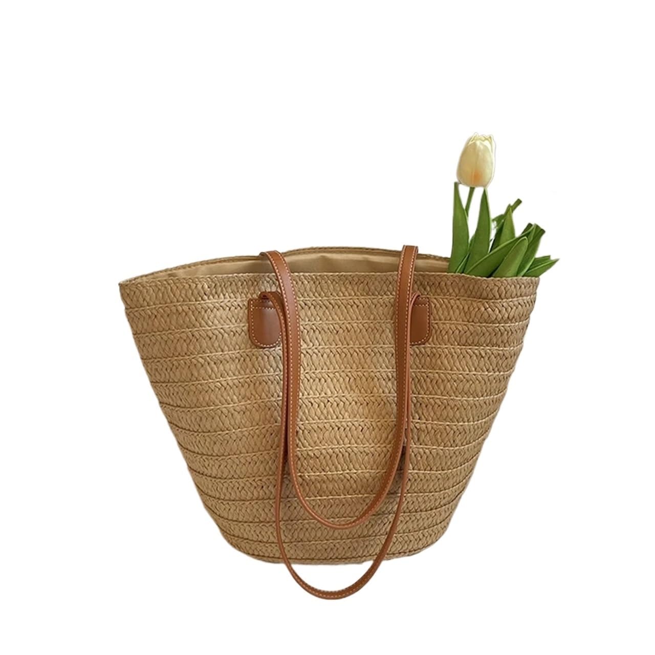 Bolso de Hombro de Paja Bolsos de mano cesta trenzada for mujer, bolso con asa superior, bolsos playa verano portátiles paja grande