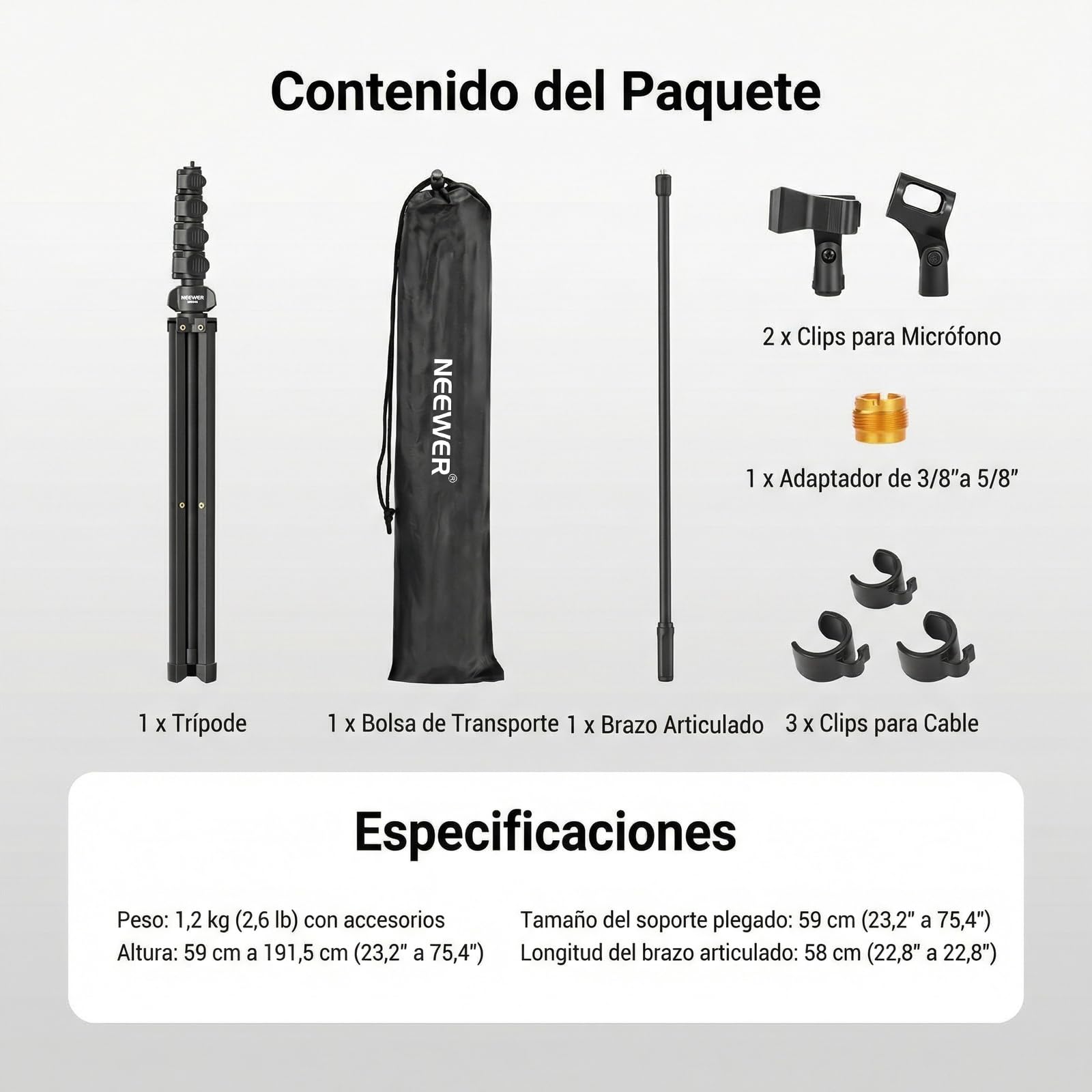 NEEWER MS046 - Soporte de micrófono con brazo de brazo, soporte ajustable resistente y brazo con 2 abrazaderas de soporte de micrófono, 3 clips de cable, bolsa, adaptador de 3/8 a 5/8 pulgadas para