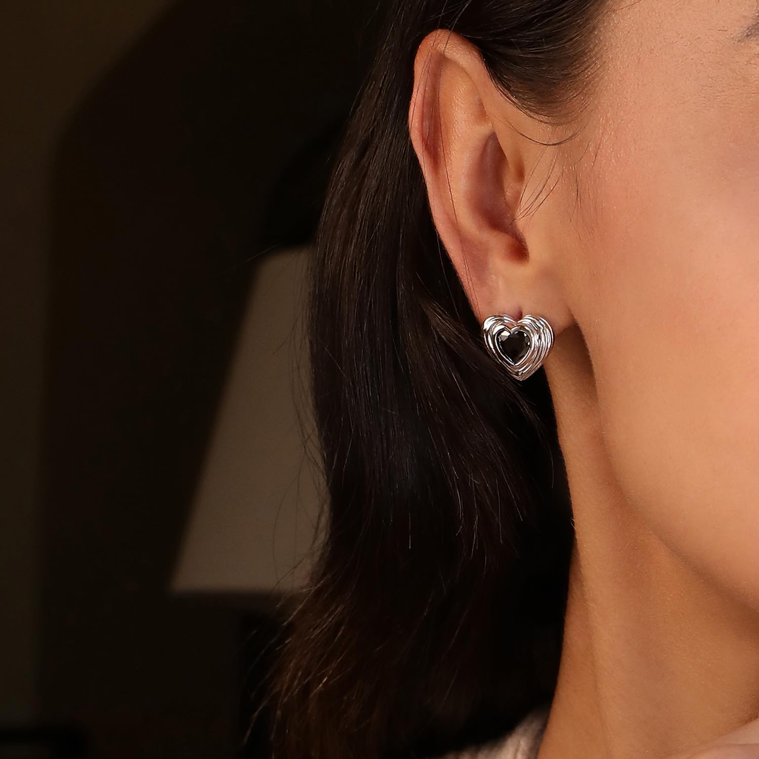 Meissa Dainty Heart Stud Earrings for Women Gold Plated Black Cubic Zirconia Earrings Sterling Silver Halo Statement Earrings Winter Jewelry Gifts