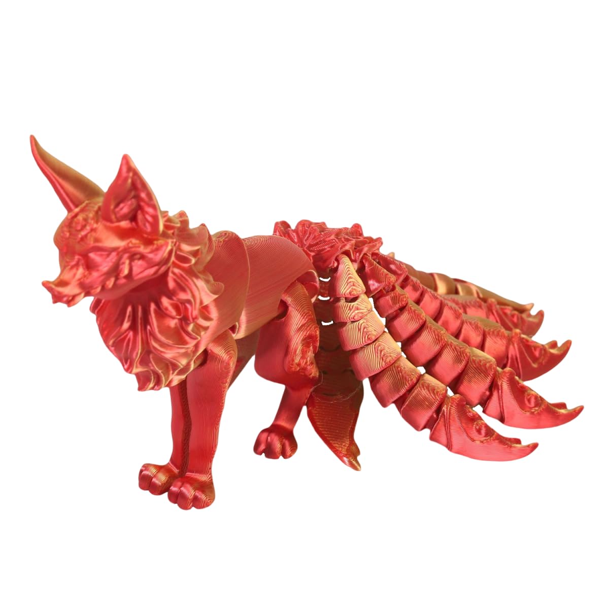JTDZ 3D Printed Nine-Tailed Fox Figurine Multi-Jointed Movable Animal Statue Articulated China Mythology Figure Sculpture Ornament for Home Office Desktop Decor (Gold Red)