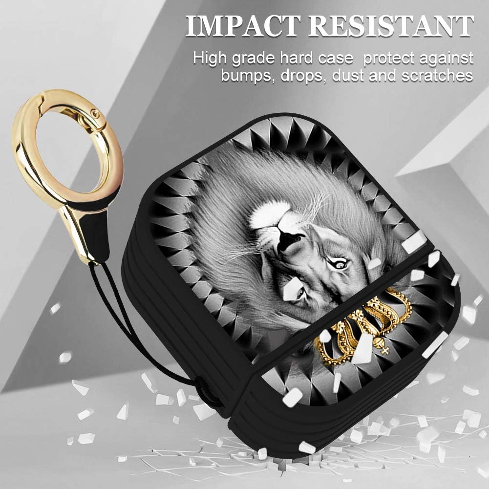 Compatible with Airpods 1&2 Magnetic Closure Full Body Protective Hard Plastic Airpods Case Lion Design Wireless Charging Black Cover with Ring Key-Chain