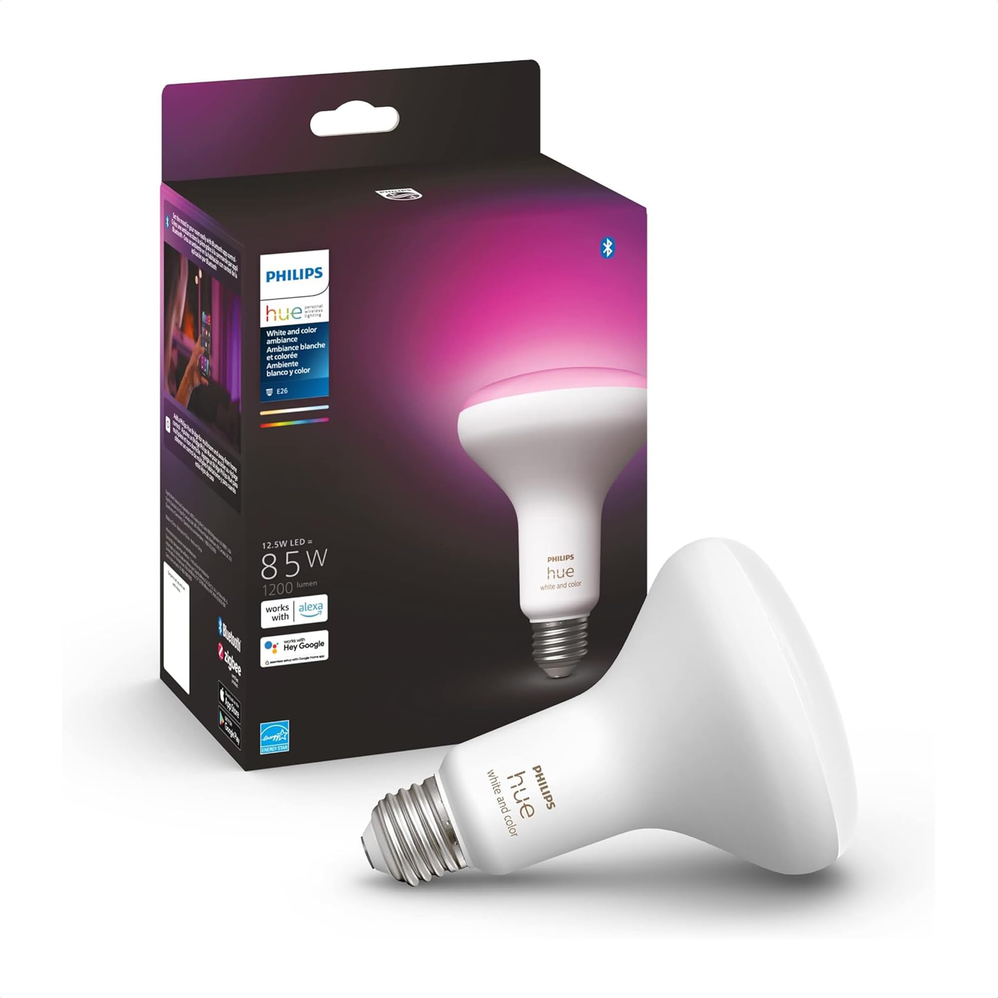 Philips Hue White and Colour Ambiance 8.5W Equivalent 65W BR30 LED Smart Bulb, Colour Changing Bulb, Bluetooth & Zigbee, for Recessed Cans and Downlights, Voice Activated with Alexa