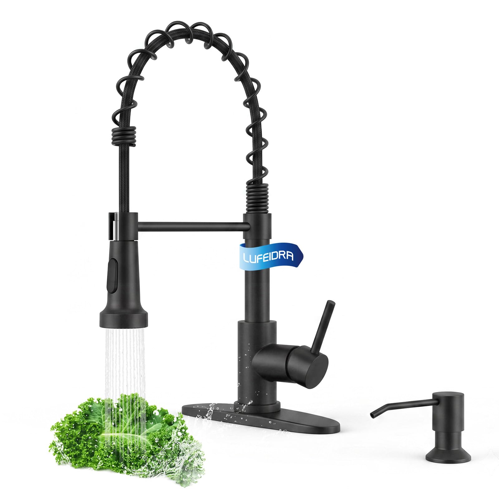 LUFEIDRA Pull-Down Kitchen Faucet with Soap Dispenser, Matte Black