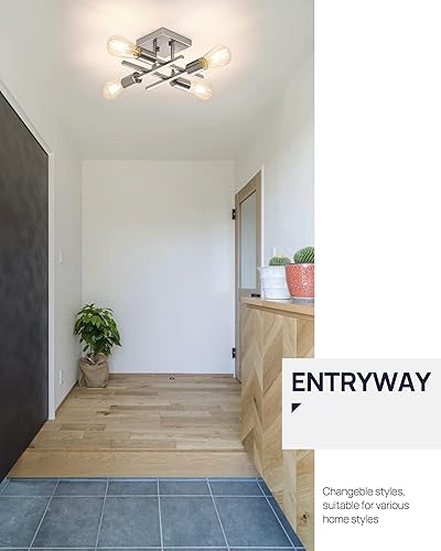 Miniatura 5 de Lámpara industrial de techo semiempotrada de 4 luces, paquete de 3 lámparas modernas de níquel cepillado, lámpara de techo Sputnik de granja,