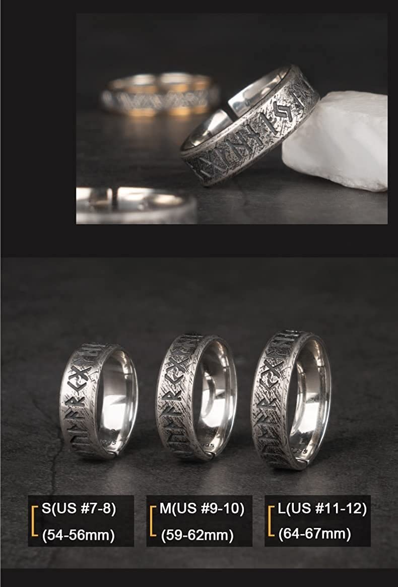 Chinese Lucky Feng Shui Auspicious Ring ， Feng Shui Mantra-Ring, Vintage Schwarzer Sterling Silber Elder Futhark Runen Ring Nordischer Wikingerschmuck for Männer Frauen Verstellbare Größe S/M/L(M)