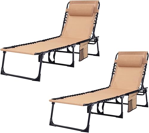 Juego de 2 tumbonas plegables  Resistente capacidad de 400 libras reclinables portátiles ajustables con almohada para patio, piscina, campamento,