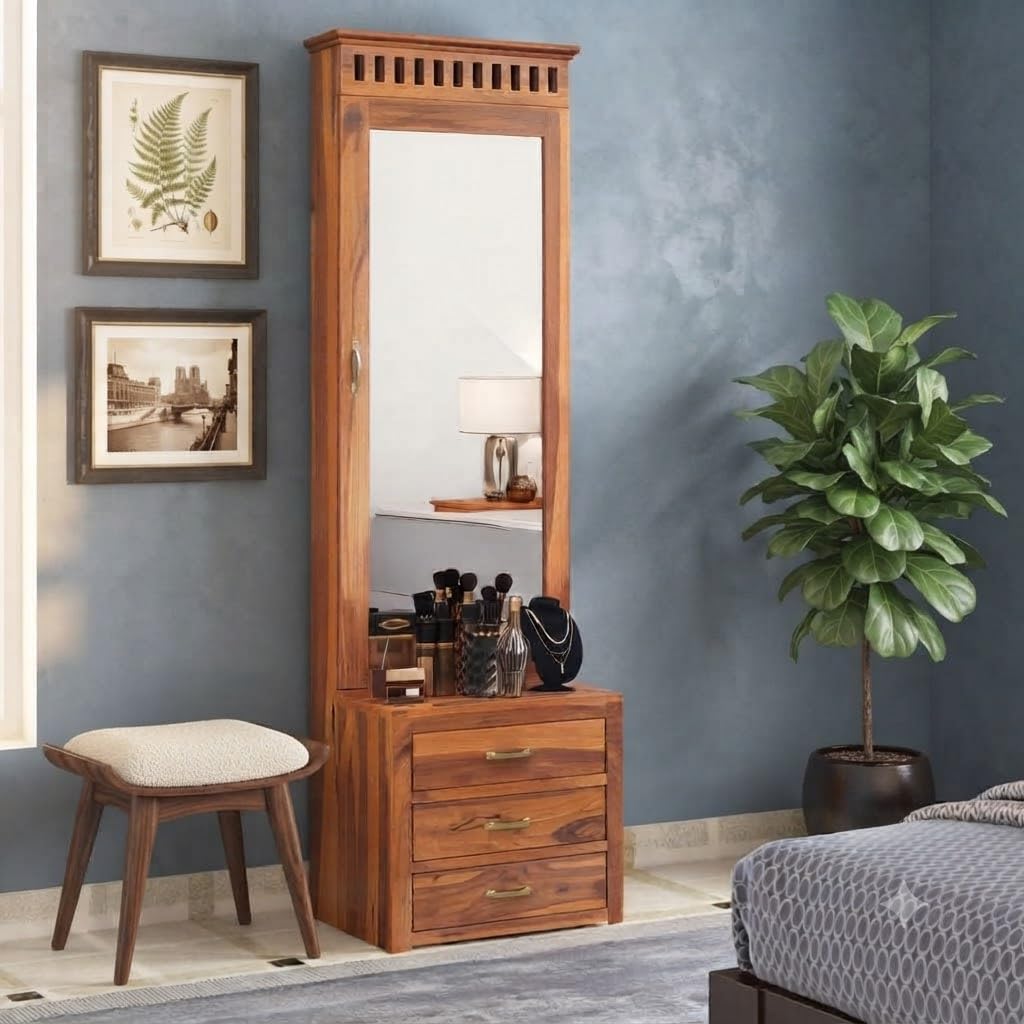 Solid Sheesham Wood Dressing Table with Storage Mirror & 3 Drawers, & 1 Door Storage for Living Room Bedroom Wooden Make Up Vanities Dresser for Bedroom Home (Natural Finish)-image-30
