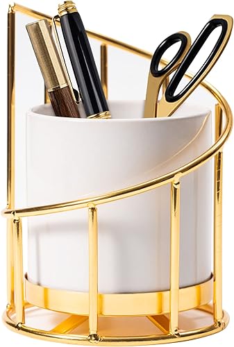 Soporte de bolígrafo blanco y dorado para escritorio, vaso de lápices, soporte de cerámica con marco de metal, soporte para brochas de maquillaje