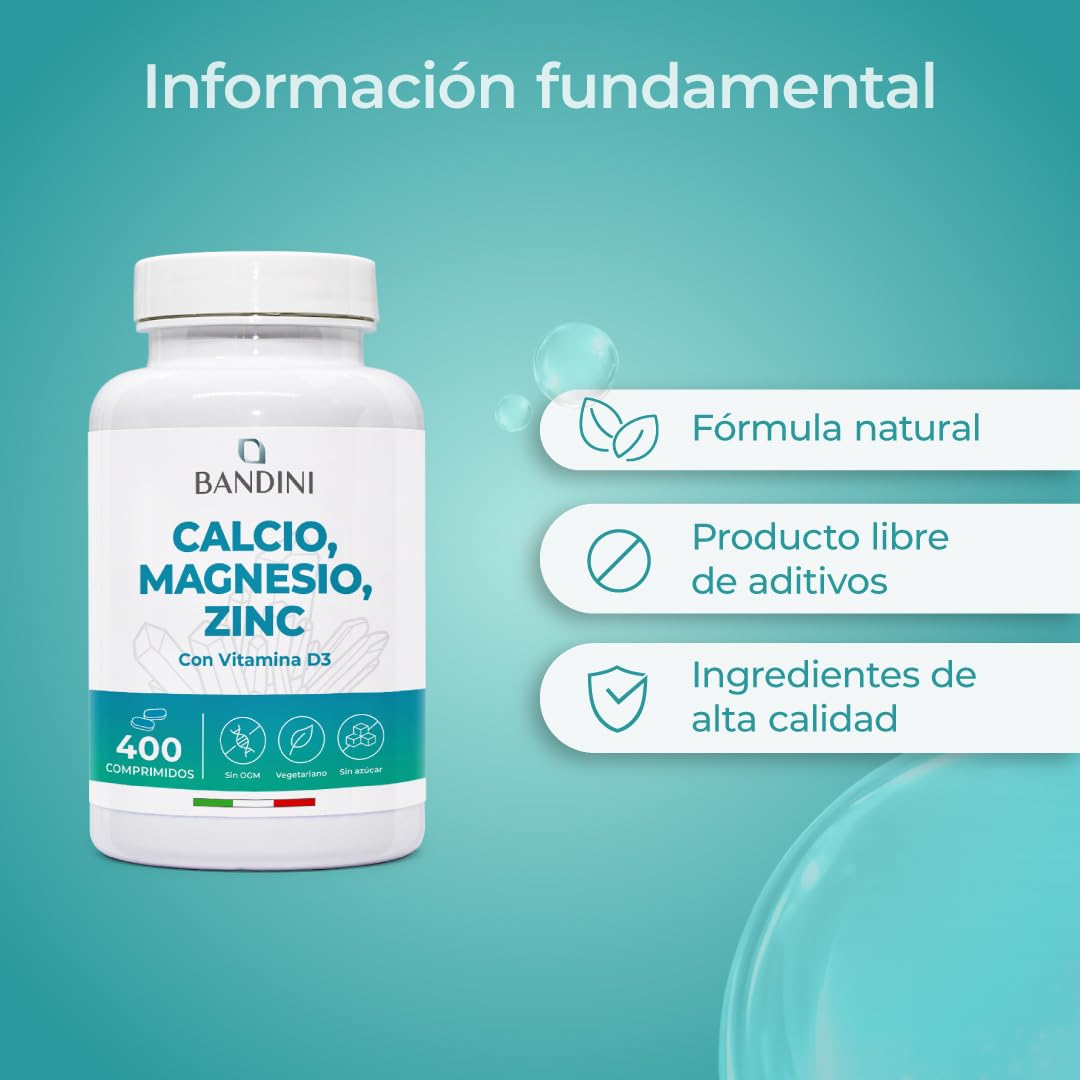 Bandini® Calcio, Magnesio, Zinc + Vitamina D3 y K2 MK7 | 400 Tabletas de Alta Potencia | Con Cobre, Selenio, Manganeso y Boro | Complejo de Vitaminas y Minerales | Huesos, Función muscular y Inmunidad