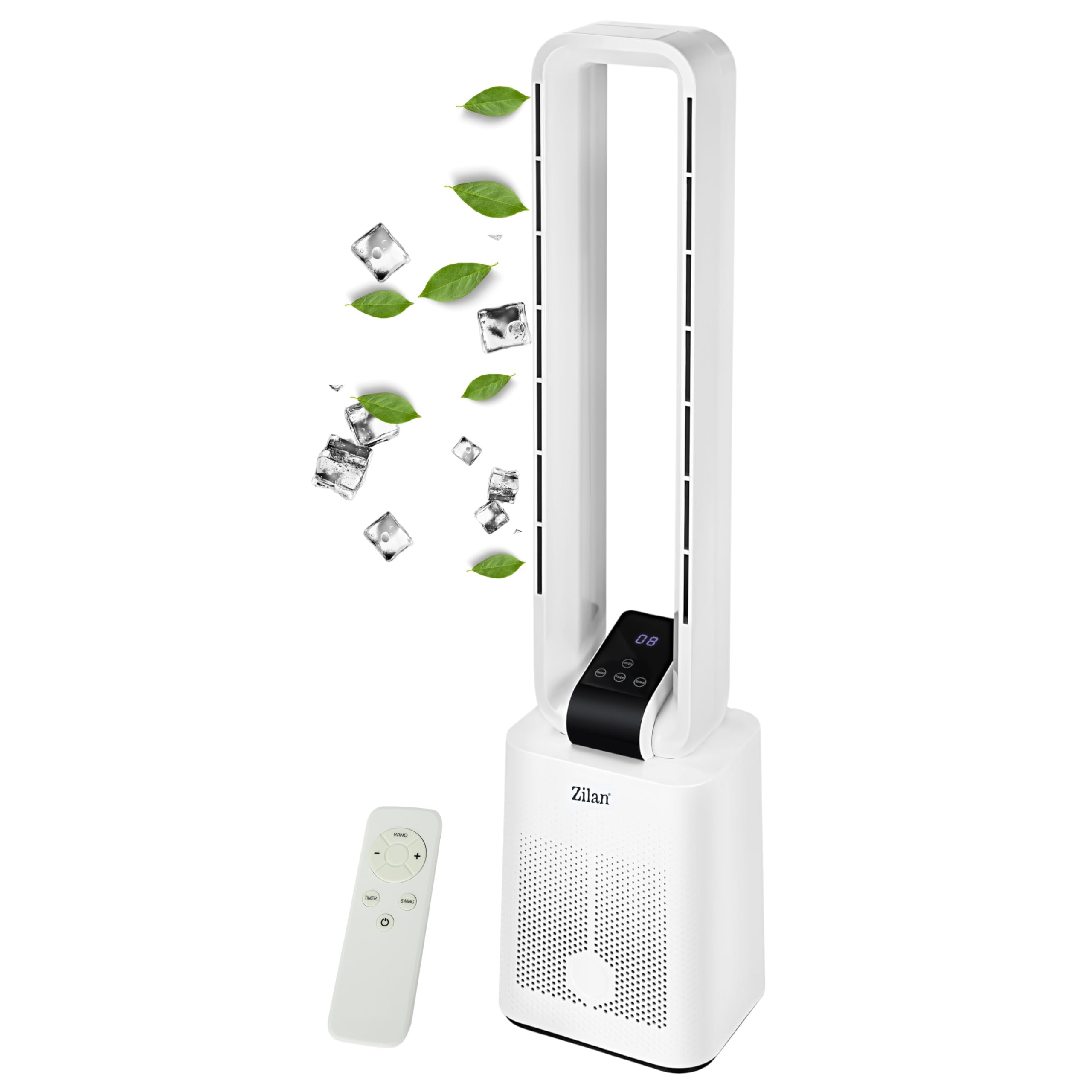 Zilan Turmventilator Blattlos Leise Standventilator mit Fernbedienung 12 Stufen 3 Modi BLDC Motor 45° Oszillation Timer 15h LED Display Säulenventilator Tower Fan Energiesparend Wanda White