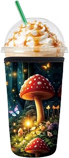 Reusable Neoprene Coffee Sleeve for Iced Coffee Cups， 22–33 oz Drink Sleeve， Cup Holder for Cold Beverages， Cute for Women and Men Fantasy Mushroom Forest