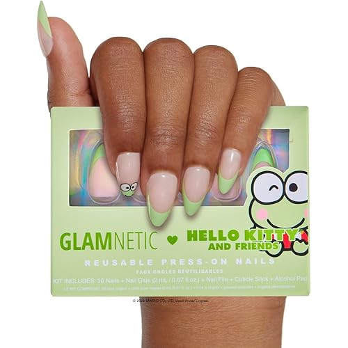 Glamnetic x Hello Kitty® and Friends Press On Nails - Keroppi™ | Green French Tip Short Almond Graphic Nails in a Glossy | 15 Sizes - 30 Nail Kit with Glue