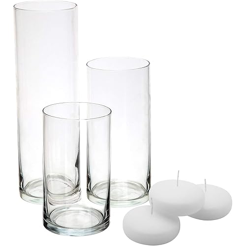 Glass Cylinder Vases - Set of 3 - Including 3 Floating DISC Candles, Decorative Centerpieces for Home or Wedding by Royal Imports