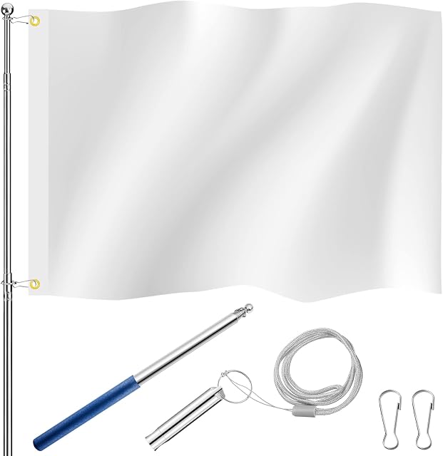 Photect Plain White Flag Telescopic Flag Pole Whistles with Lanyard and 2 Hooks Set 3 x 5 Feet Polyester White Flag with Eyelets for Painting or Spraying