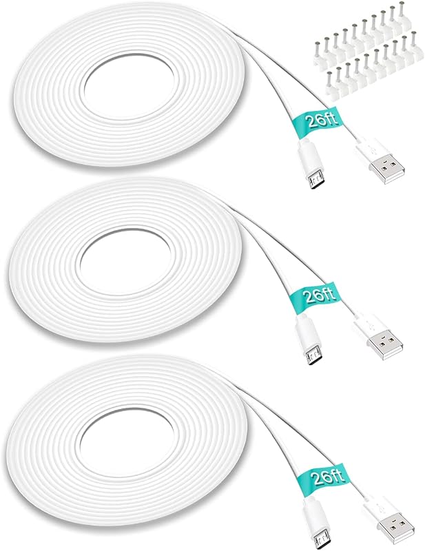 SIOCEN 3 Pack 26FT Micro USB Cable Power Extension Cord for Wyze Cam,WyzeCam Pan,YI Cam,YI Dome Home Camera,Kasa Cam,Oculus Go,Furbo Dog,Nest Cam,Blink,Long Charging Wire for Security Cameras