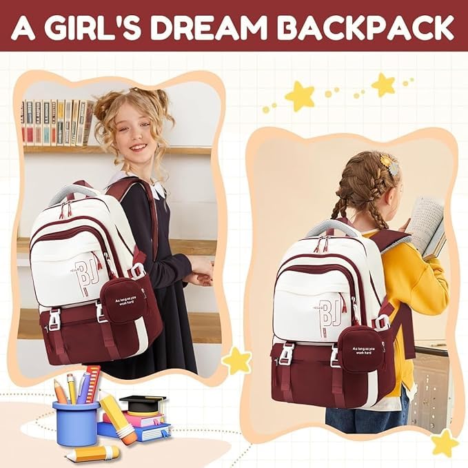 Image of Backpack Bag for Women with Matching Zipper Pouch, 18.1 Inch College Laptop Backpack, Multi-Compartment Bookbag for School, Office, Travel, Camping & Everyday Carry, White & Maroon