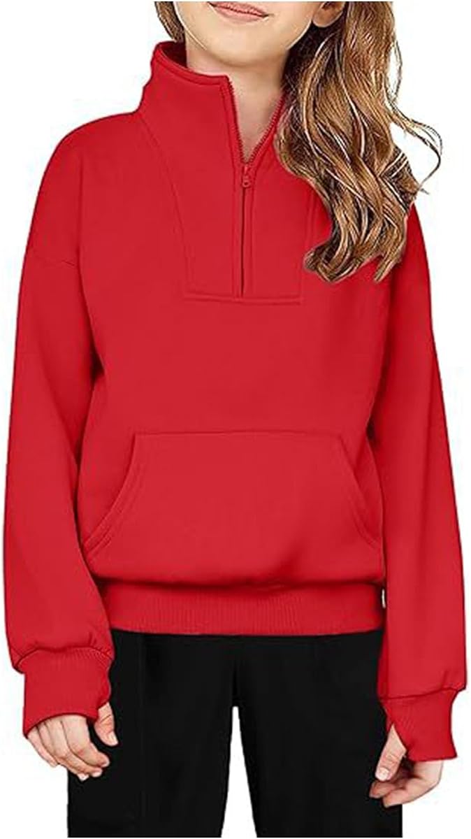 Sudadera con media cremallera para niñas jóvenes, forro polar sólido con cremallera de un cuarto, sudadera con capucha, ropa de otoño para niñas adolescentes con agujero para el pulgar