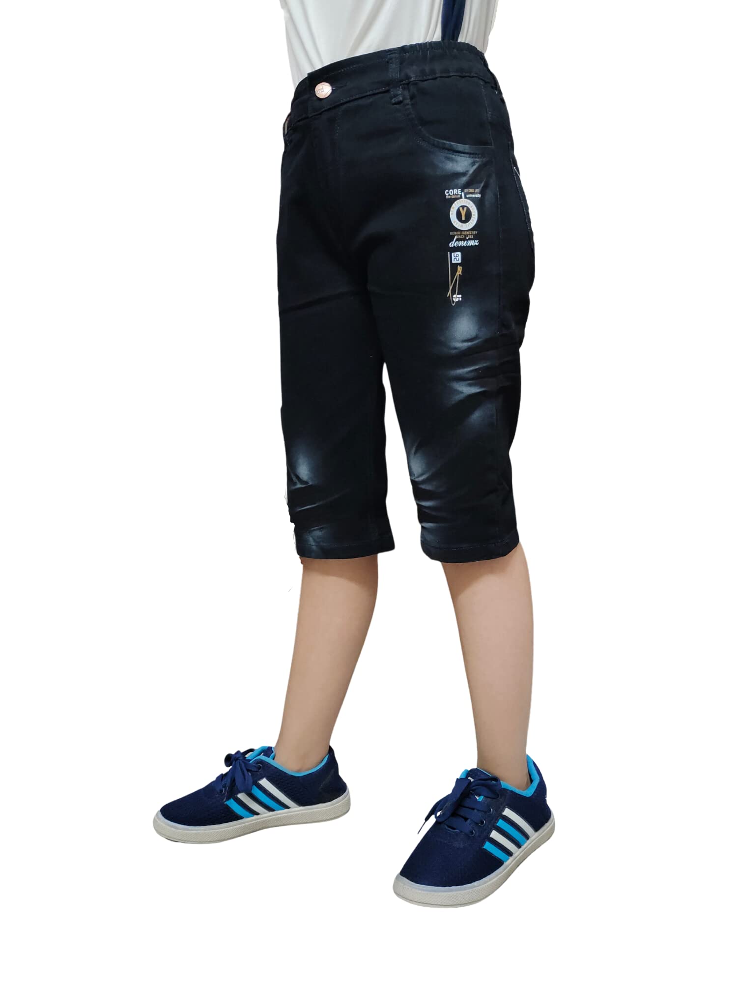 OXTRAPBoys Regular fit, Half Elastic Waistband, Stretchable Cotton Denim, Light Faded, Below Knee Length,3/4 Shorts (Black, 12-13 Years)